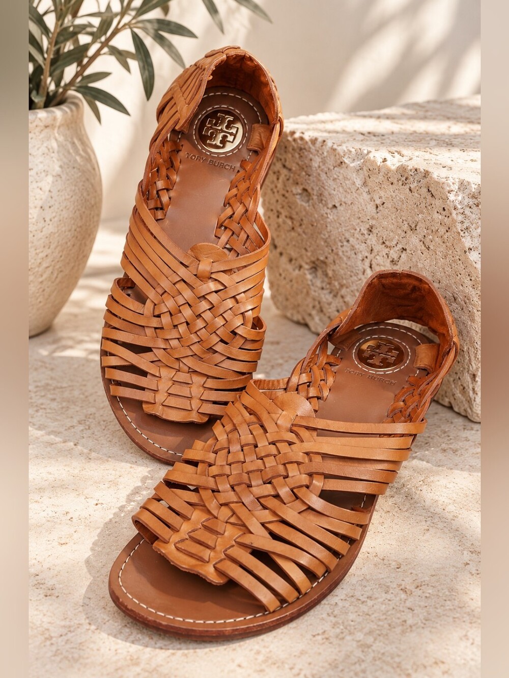 Tory Burch Woven Leather Huarache Flat Sandals Cognac Brown Size 10M